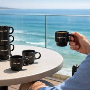 Espresso Set Of 5 PC Black Stoneware stackable Expressions 4 Cups With Stand